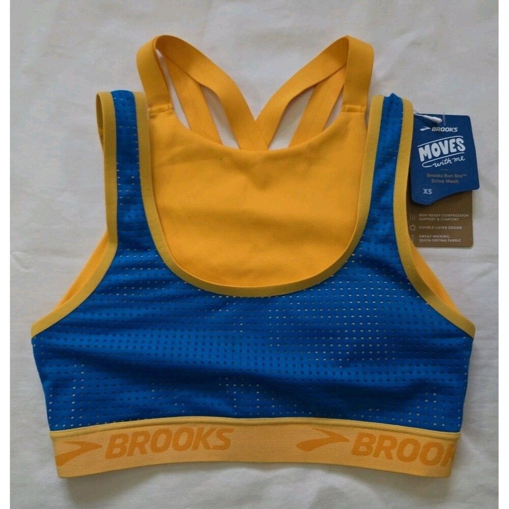 NWT Brooks Drive Mesh Run Bra | Size XS | Saffron/Blue Bolt High Impact